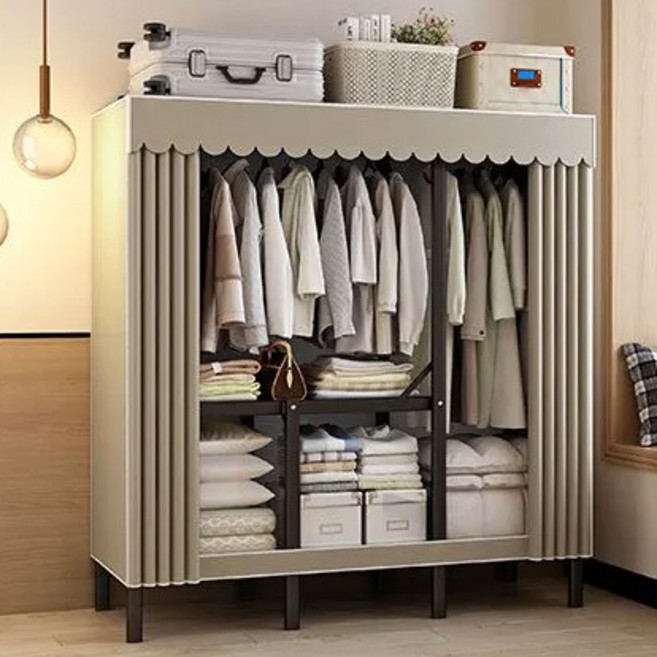 折疊衣櫃 免安裝簡易衣櫃 鋼管加厚收納櫃, 可可奶咖,80CM【折疊免安裝】