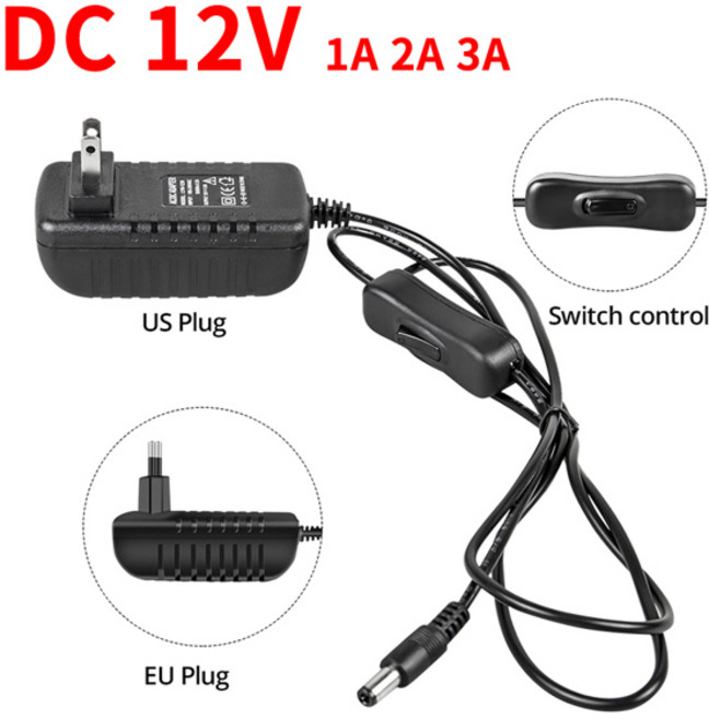 스위치가있는 12V 1A 2A 3A 전원 공급 장치 EU/US 플매트 카펫 러그 전원 어댑터 충전기 AC100-240V DC12V LED 스트립 조명 변압기 드라이버, 1개, 01 DC 12V 3A EU plug