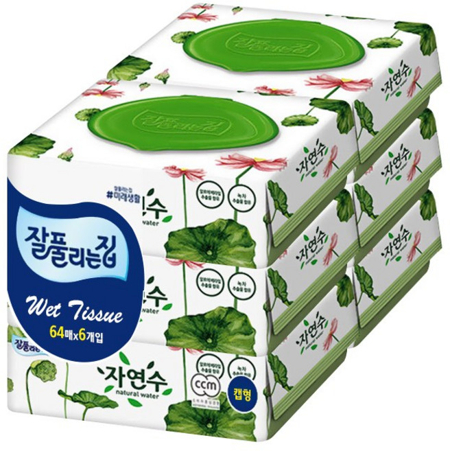 잘풀리는집 자연수 물티슈 캡형, 64매, 6팩