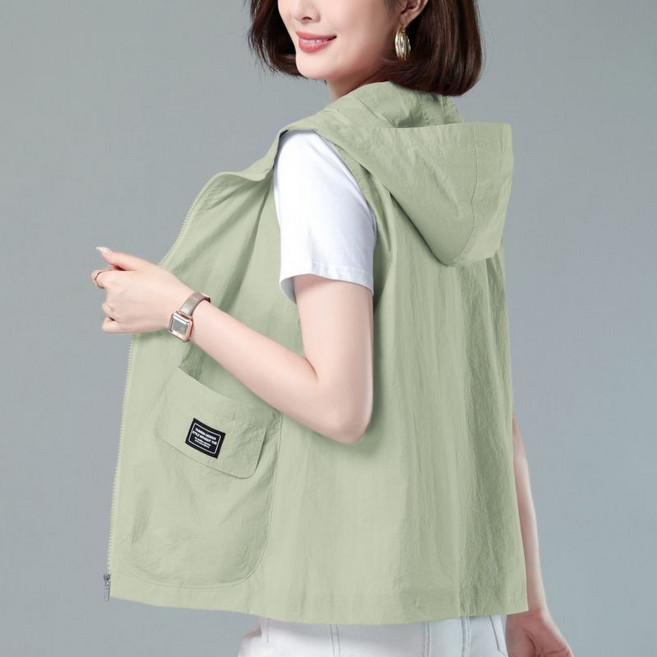 여성용 봄여름 후드 메쉬 베스트 얇은 빅 사이즈 집업 조끼 뉴타임즈