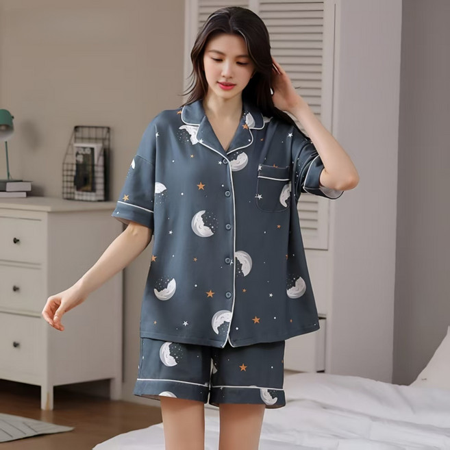 여름 여성용 편안한 순면 잠옷 오버핏 상하세트 파자마