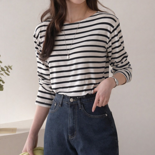 데일리앤 세츠 여성 스판 찰랑 레이온 긴팔 스트라이프 티셔츠 봄 가을