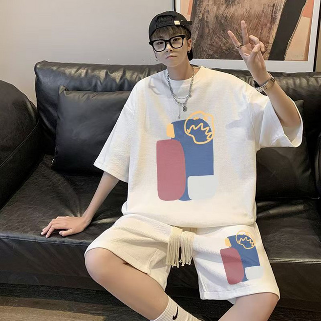 AREVI 여름 남자 트레이닝 세트 빅 사이즈 트랜드 루즈핏 라운드넥 순면 반팔 티셔츠 반바지