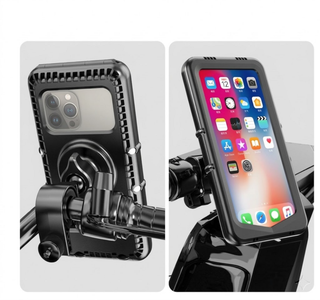 ACRUNU 機車手機架 防水全包 TPU觸控 0抖動機械鎖死 360 旋轉 自行車電動車通用, 加固閉環車把款, 黑色, 加固閉環底座