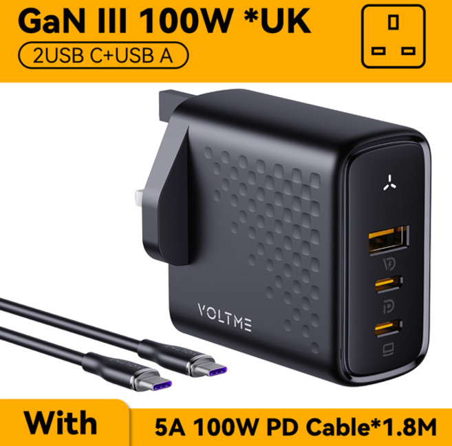 Macbook 태블릿 용 VOLTME 100W GaN 충전기 USB 유형 C 충전기 iPhone 15 14 13 12 빠른 충전 4.0 3.0 용 고속 충전, CHINA_100W UK Black Cable, T11-100W UK Cable