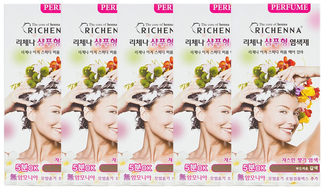 리체나 퍼퓸 새치전용 샴푸형 염색제, 부드러운 갈색, 5개