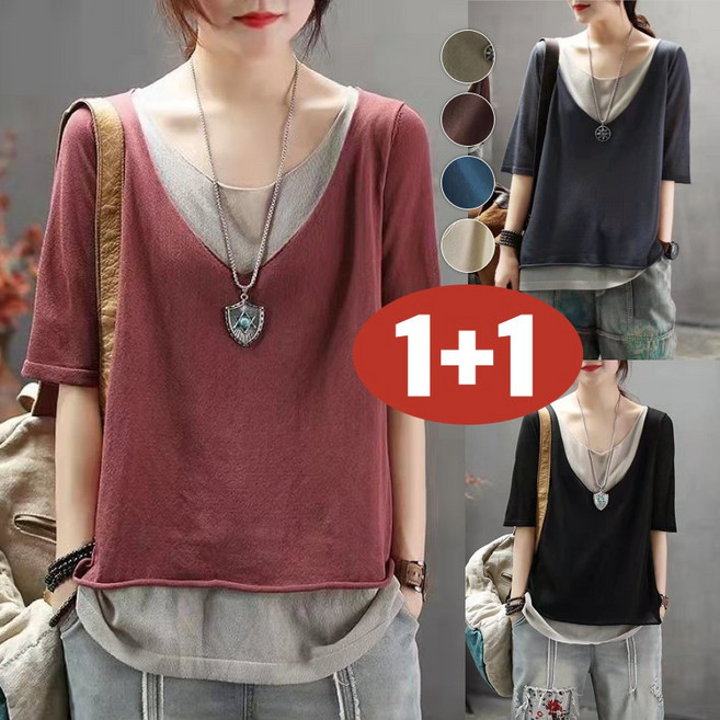 (대박난) 1+1 날씬해보이는 여성 빈티지 레이어드 린넨 반팔 티셔츠 여름 편한 얇은 패치워크 브이넥 롤업 디자인 우아한 아름다운 배색 트렌드 코디 여성의류 면마 가벼운 캐주얼 티