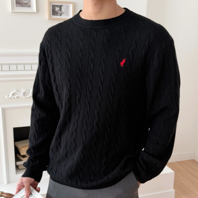 [ATTO CLUB] 남성 클래식 케이블 꽈배기 라운드 니트 부드러운 봄 가을 긴팔 니트 스웨터 세미 오버핏