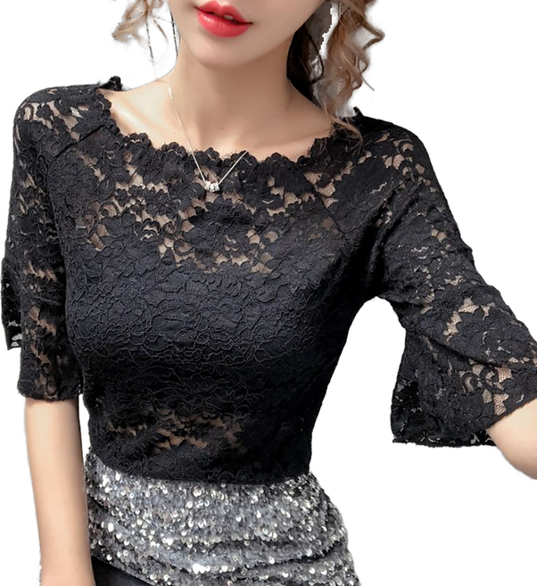 셀럽당 로우넥 플레어 소매 여 봄여름 이너 슬림 티셔츠 망사 톱M1260