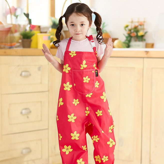 엘리몽 멜빵형 놀이복 아기 미술가운, 플라워 핑크