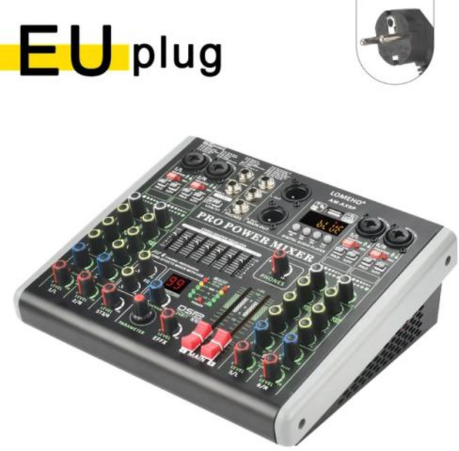 오디오 인터페이스 오디오 믹서 스트리밍 방송용 녹음용 유튜브 로메호 6 채널 파워 99 이펙트 믹싱 앰프 블루투스 USB PC 2x100W 사운드 테이블 AM-AX6P, EU Plug, CHINA