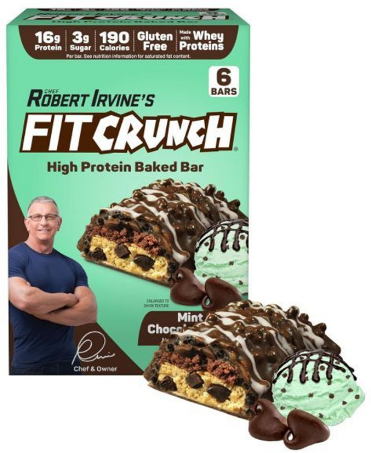 Fit Crunch 케이크 스낵 핏크런치 사이즈 프로틴 바 로버트 어바인 디자인 6단계 구운 설탕 3g 글루텐 프리 부드러운 코어 6개 민트 초콜릿 칩, 1개, 18g