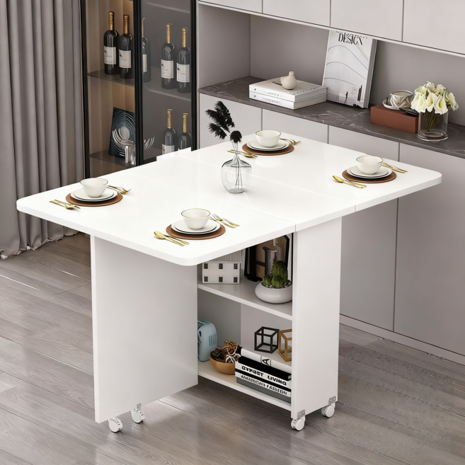 YAPOGI 가정용 다기능 확장형 수납 가능 대리석 무늬 우드 식탁 모조 세라믹식탁 접이식 식탁 수동 설치, 순백색, 4인용