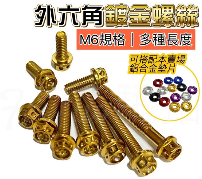 M6 外六角鍍金螺絲 P1.0牙距 多種長度 適用多種用途 可搭配鋁合金墊片, 1個, M6ˍ35【金】1顆