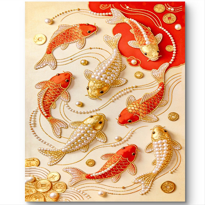 서은이네 황금 물고기 5D 진주 보석십자수 캔버스 액자형 DIY 인테리어 비즈아트 40 x50cm, 1개, Z7캔버스형(나무 판넬)