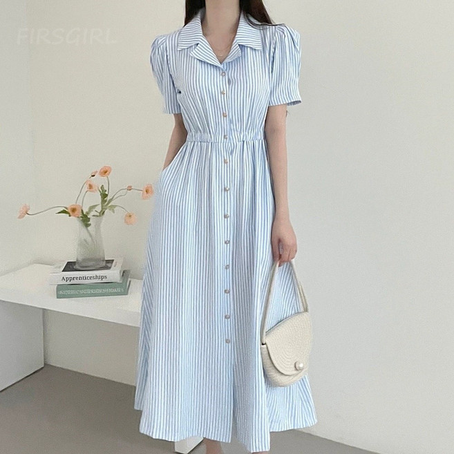 FIRSGIRL 여성 스트라이프 셔츠 롱원피스 허리라인 퍼프소매 데이트룩