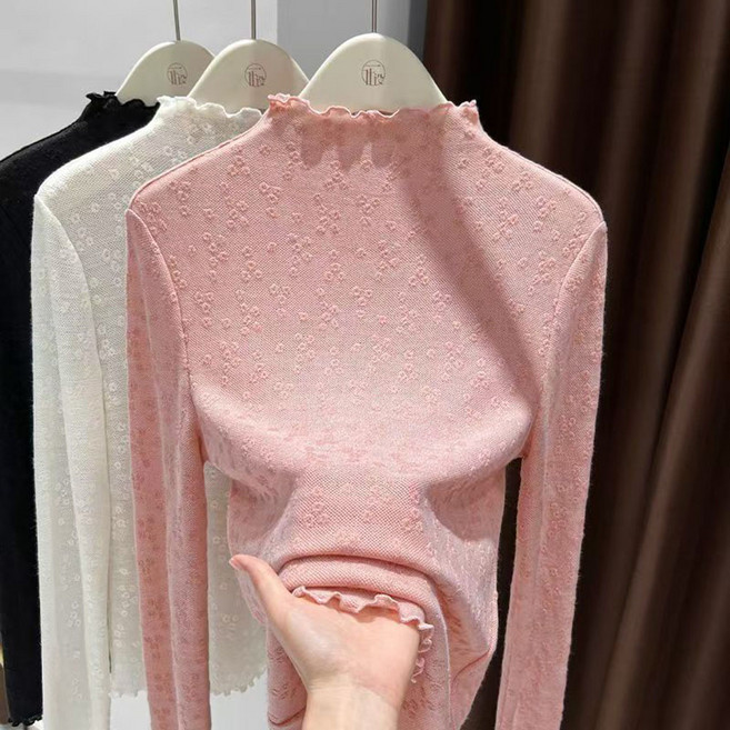 여성 긴팔 티셔츠 캐주얼 봄 가을 코디 스판 상의 기질 슬림핏 여자 반폴라 니트 긴팔티 RSH