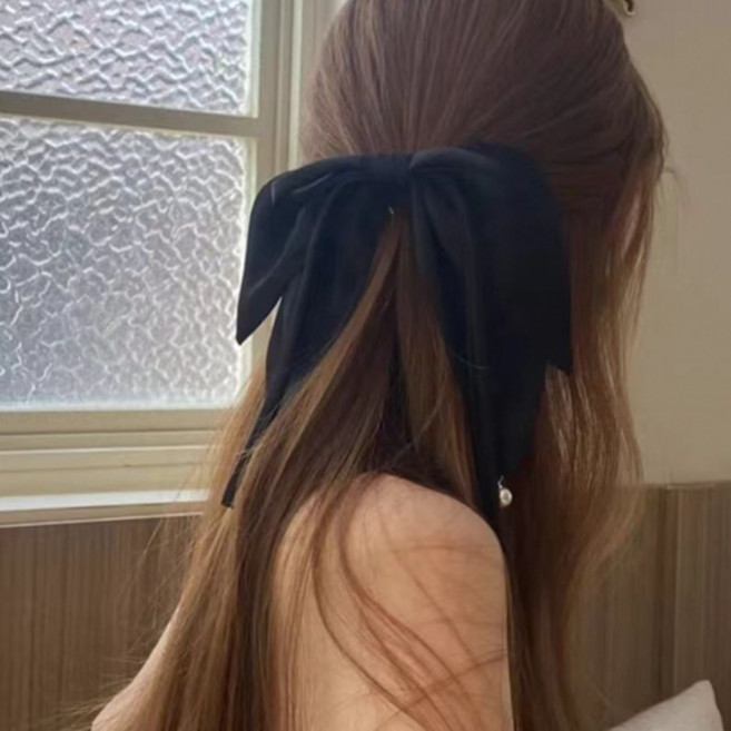 빅 리본 미니 진주 포인트 검정 헤어핀 자동핀 J765