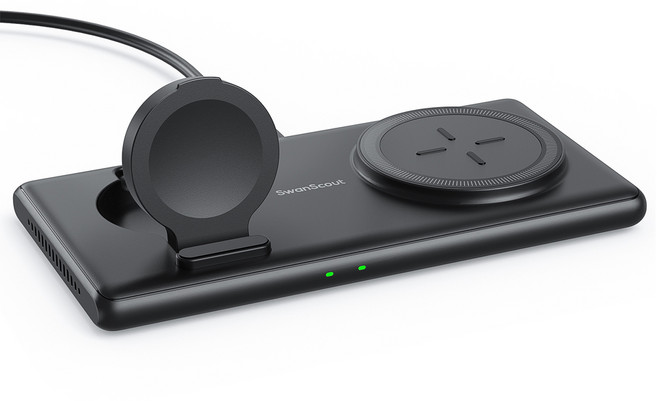 SwanScout 502S 2in1 무선충전기 갤럭시워치 이어폰 스마트폰 무선 충전패드, 1개, 블랙