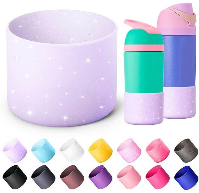 Diumepo Owala 14/16온스 실리콘 물병 부츠 미끄럼 방지 보호 슬리브 바닥 범퍼 프로텍터 아동용 354.9ml(12온스) 텀블러 플립 396.9g(14온스), 글리터 퍼플