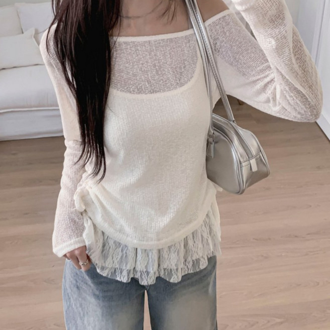 떳다그녀 이리나 니트 셋업 프릴 캉캉 레이어드 긴팔 나시 투피스 오프숄더 셔링 시스루 발레코어 세트