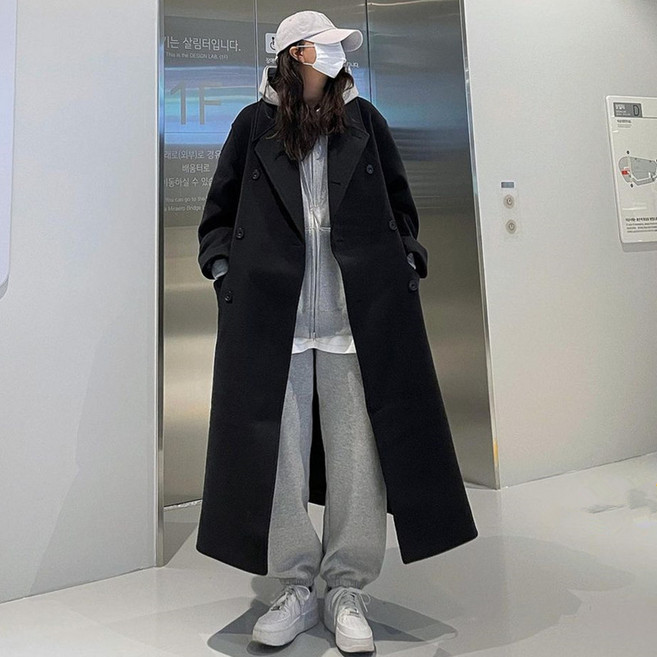 맥시 롱 코트 블랙 모직 여성용 겨울 스타일 슈퍼 발목 햅번 두꺼운