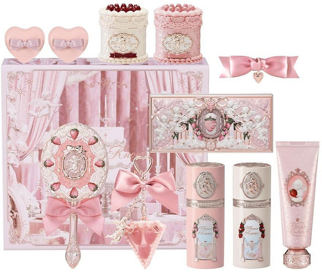 Flower Knows Shell's Jewel 12피스 메이크업 박스 세트 립글로스 2개 블러시x1 아이섀도우 팔레트 1 하이라이터 x 3 헤어 클립x1 미니 파우더 퍼프x1, 01 케이크 참 세트