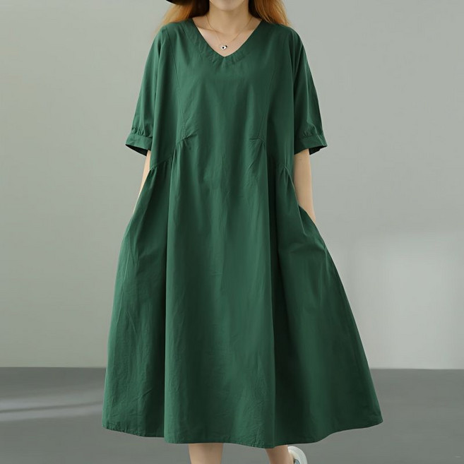 여름 순색 브이넥 롱원피스 오버핏 빅사이즈 치마 심플 포켓 박스원피스 빈티지 차마