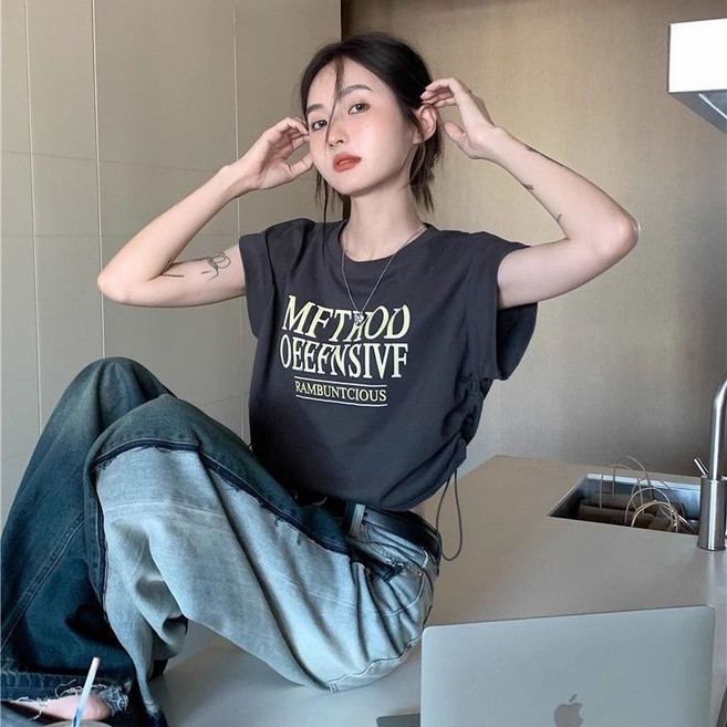 여자 민소매 티셔츠 여름 캐주얼 슬림핏 스트링 캡소매 나시티 루즈핏 기질 반팔티 YMY