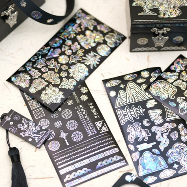 [꾸미기재료] 전통 무늬와 민화 홀로그램 자개 스티커 4종 세트, 단품, 단품
