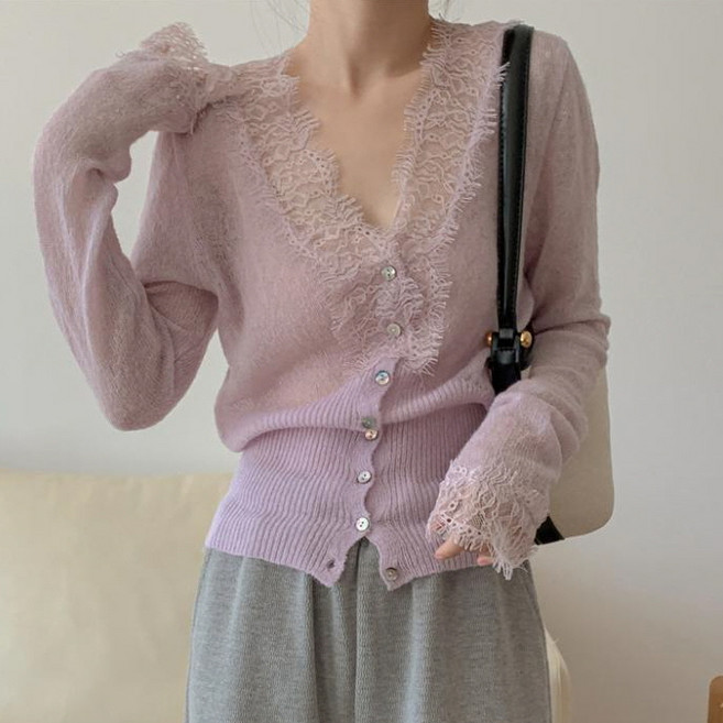 뉴욕멋쟁이 샹델리제 레이스 골지 슬림 가디건