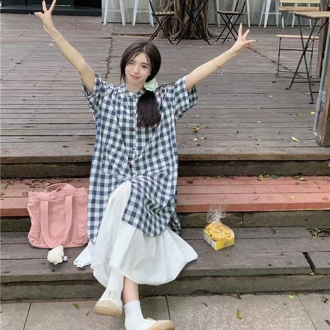 POMTOR 여성 여름 롱 원피스 체크 반팔 패션 패치 바캉스원피스 세트