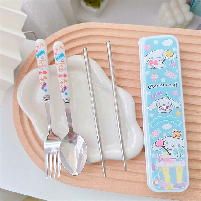 시나모롤 스테인리스 휴대용 수저세트 젓가락 포크 스푼 3종 학생용, Cinnamoroll, 1세트, 수저 + 포크 + 젓가락
