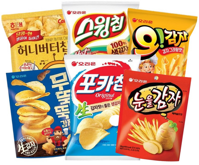 무뚝뚝감자칩106g+눈을감자96g+포카칩오리지널66g+오감자그라탕95g+허니버터칩60g+스윙칩볶음고추장60g/봉지과자6종, 1세트, 483g