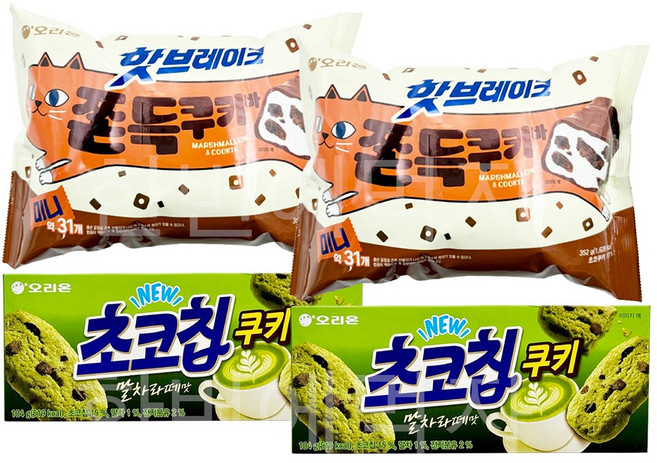 [한번에먹자] 신상과자 혼합세트 / 핫브레이크 쫀뜩쿠키바 352 + 초코칩쿠키 말차라떼맛 104 / 각2개씩, 1개