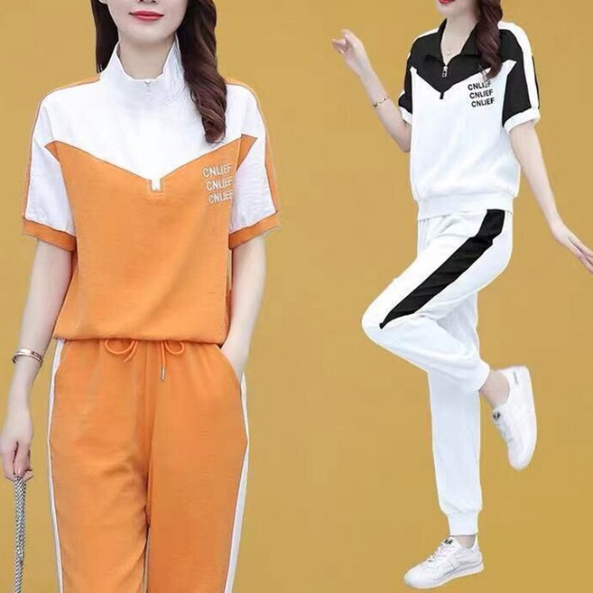 여름 중년여성 캐주얼 반팔 반바지 츄리닝세트 트레이닝세트 반지퍼 레터링 티셔츠 조거팬츠 투피스 빅사이즈