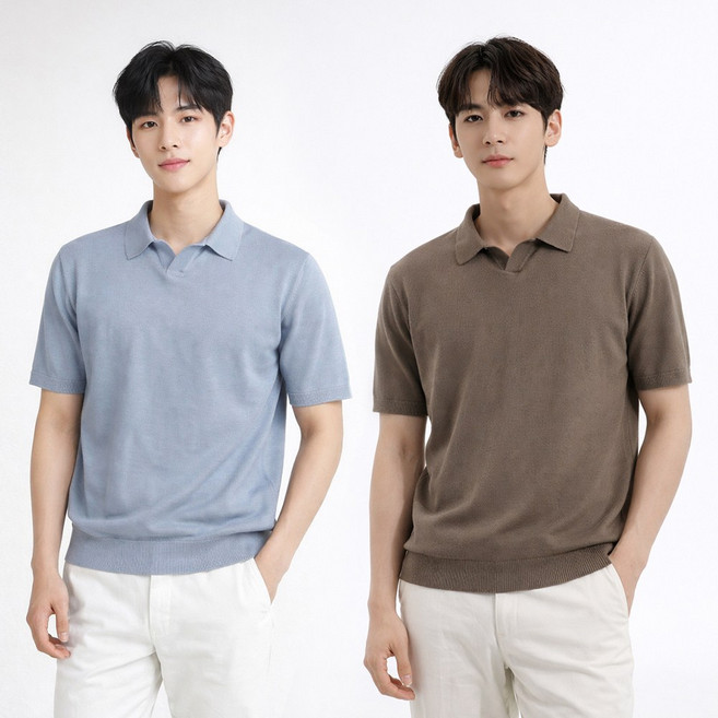 여름 솔리드 패턴 COOL 니트 카라넥 반팔 티셔츠 남성 남자 머슬핏 라운드 브이넥 무지