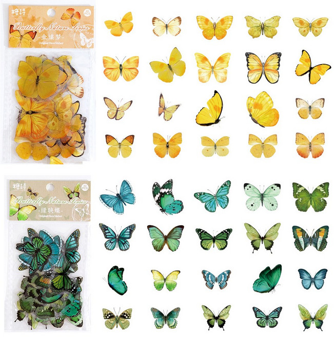 올리브파티 나비 스티커 다꾸 빈티지 스티커 40매 세트, 옐로우세트+그린세트