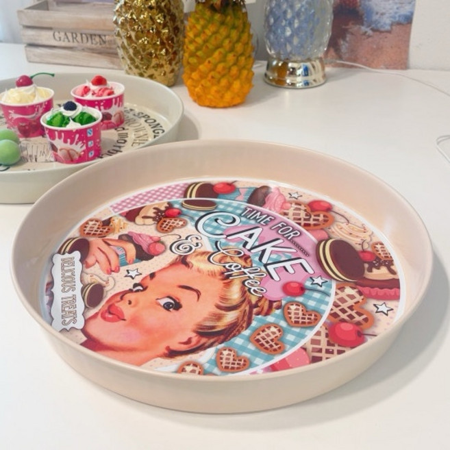 해피 레이디 쿠킹 트레이 베이지 미국언니 서빙 플레이트 다과 접시 주방 소품, 케이크