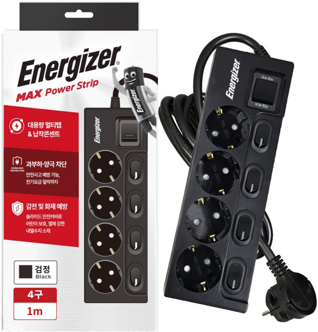 에너자이저 개별스위치 납작플러그 과부하차단 고용량 16A 멀티탭 4구, 블랙, 1개, 1m