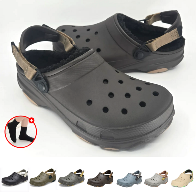 정품 크록스 올 터레인 라인드 클로그 코드 남녀 공용 털 캠핑 리미티드 샌들 편안한 슬리퍼 사무실 실내화 따뜻한 가벼운 신발 탐나고 무지 양말