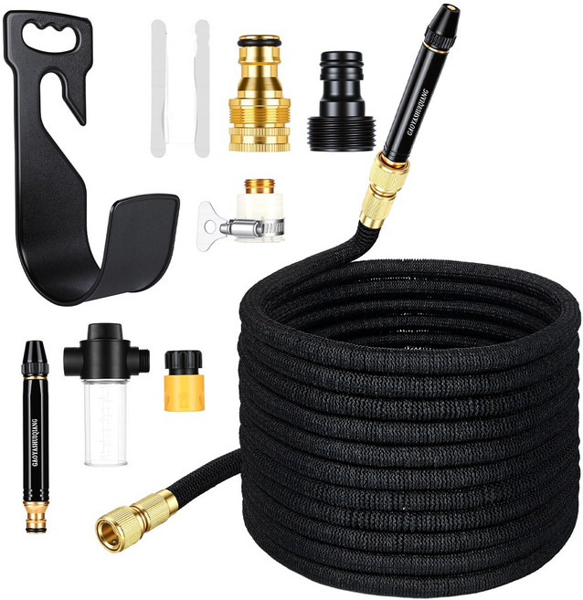 고압분사기 텔레스코픽 워터 호스 + 다중 분사 노즐 | 정원 세차 청소용, 블랙, 15m