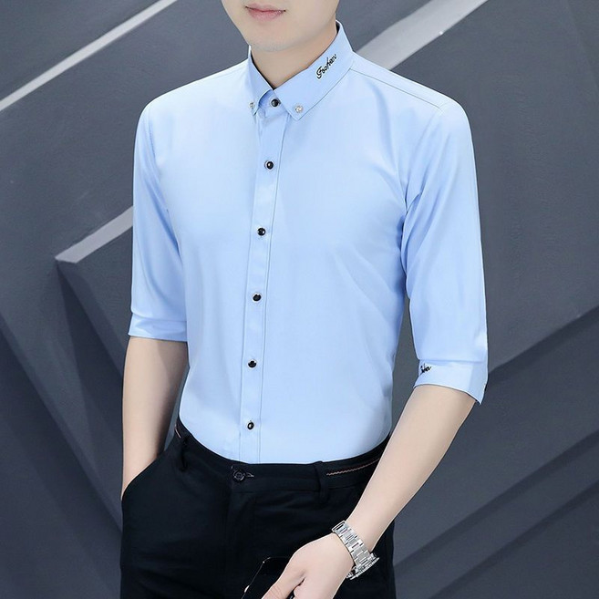 男士輕奢刺繡商務襯衣休閒免燙長袖寸衣潮流修身抗皺彈力男士襯衫