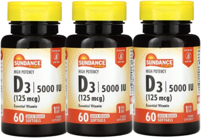 2+1 Sundance Vitamins 고효능 비타민 D3 125mcg 5000IU 60정, 3개 - 쿠팡