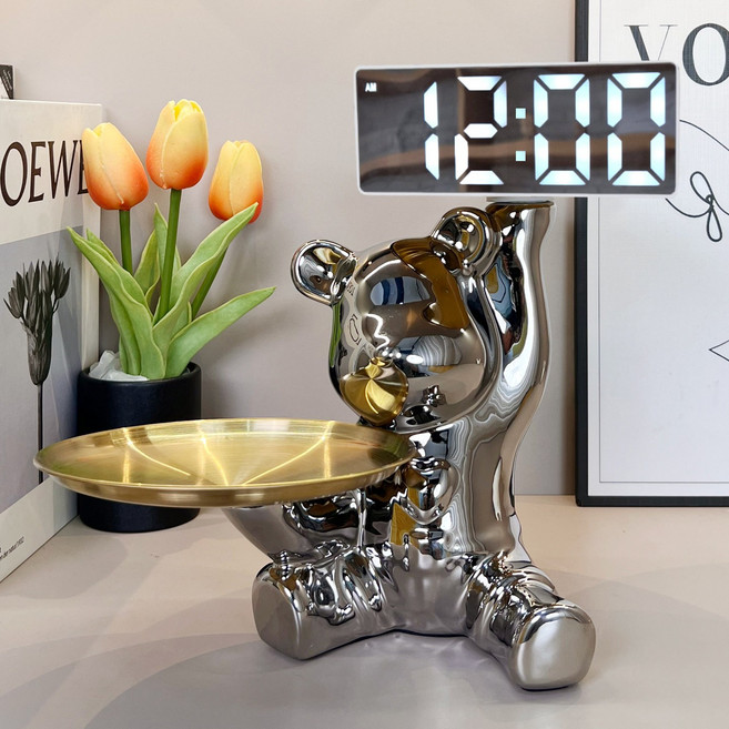 플랜와이 곰돌이 LED 시계 인테리어 트레이 악세서리 소품 보관함, 실버