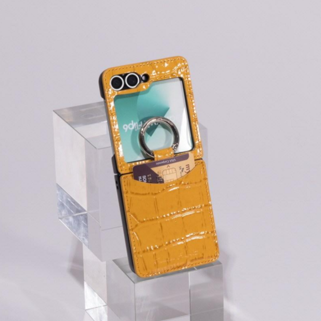 본아띠 POLARIS 천연소가죽 크로커다일 힌지보호 카드 지갑 갤럭시 Z플립 케이스