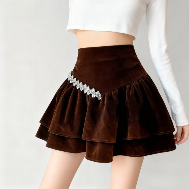 모몰라티 밍크 벨벳 프릴 캉캉 반밴딩 벨트 속바지 A라인 스커트