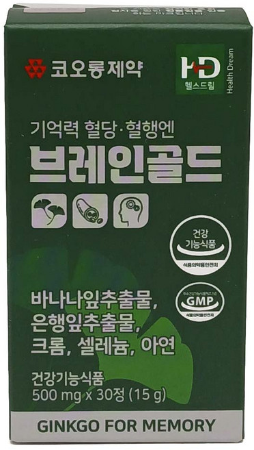 코오롱제약 브레인골드 500mg x 30정 기억력 혈당 크롬 셀레늄 아연, 1개, 30회분