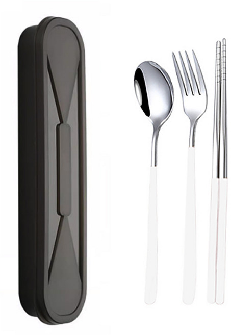투데이리빙 3종 티타늄 수저 세트 숟가락 젓가락 포크 수저통 스텐 커트러리 디저트 스푼 나이프 도시락 케이스, 1세트, 숟가락+젓가락+포크+수저통, CJS004W(A실버화이트
