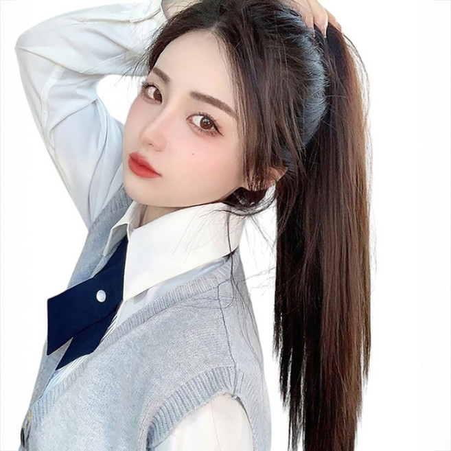 가발위드 스트레이트 세발 집게형 포니테일, 네추럴블랙, 1개